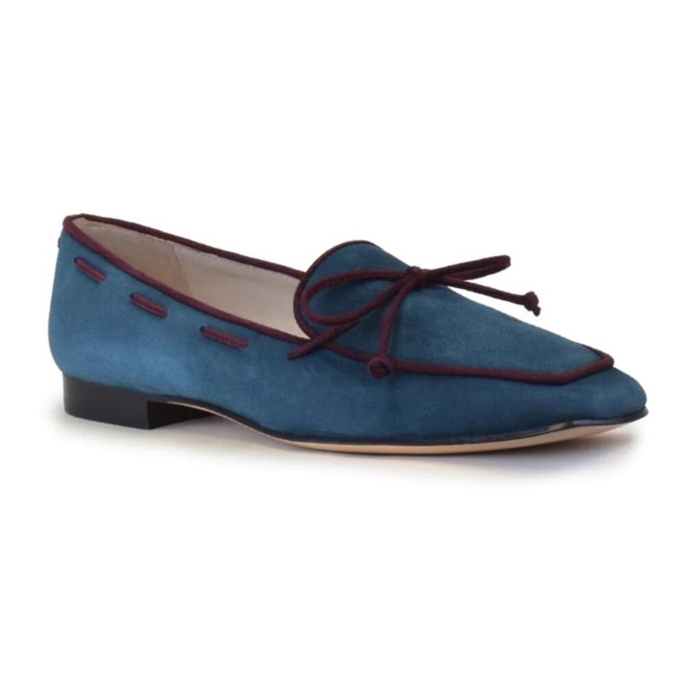 Amalfi Teal Suede Loafer with Burgundy Trim and Bow